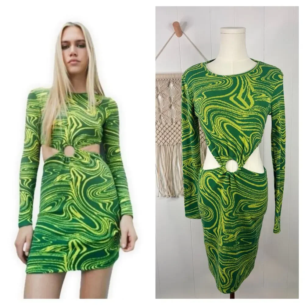 green swirl knit dress Halterneck Swirl Detail Contrast Tassel Mini Bodycon Dress In Green Knit | EGO US